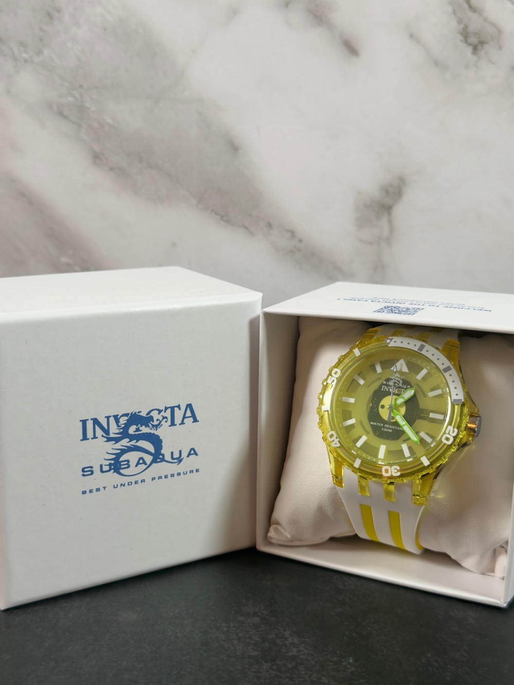 Invicta Subaqua Sports Watch Yellow Dial White Yellow Silicone Band 100m Box